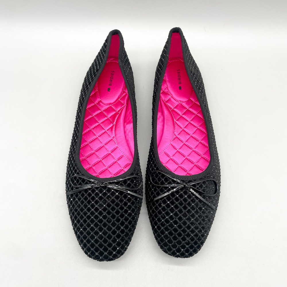Birdies Women 10.5 Songbird Ballet Flats Black Velvet Lattice Studded Coquette